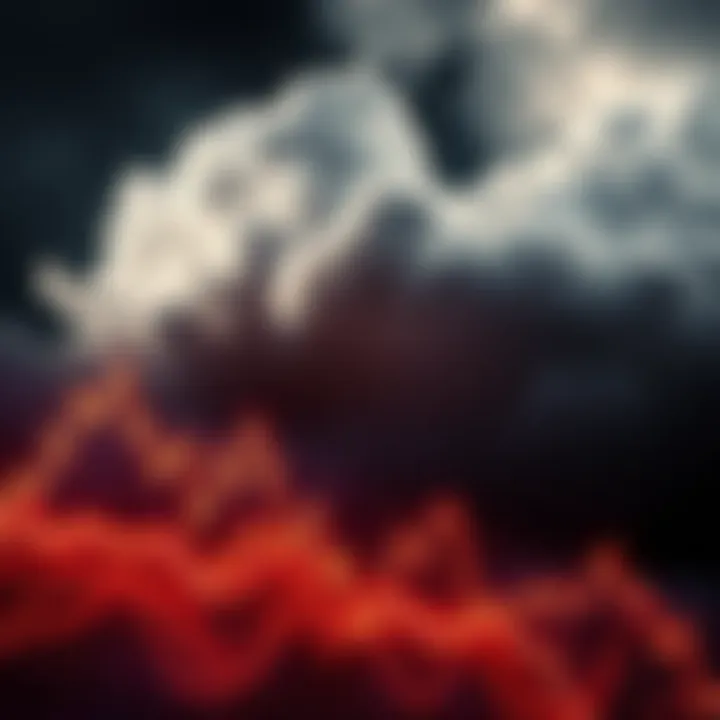 A dramatic graphic representing fluctuating market trends with ominous clouds overhead
