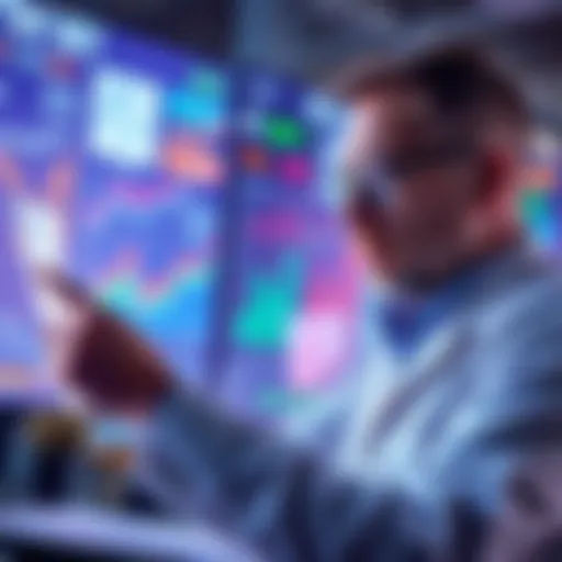 A financial expert examining charts and graphs showing market trends for buying and selling assets in 2025.