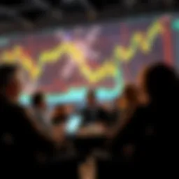 People discussing market trends and predictions with graphs in the background