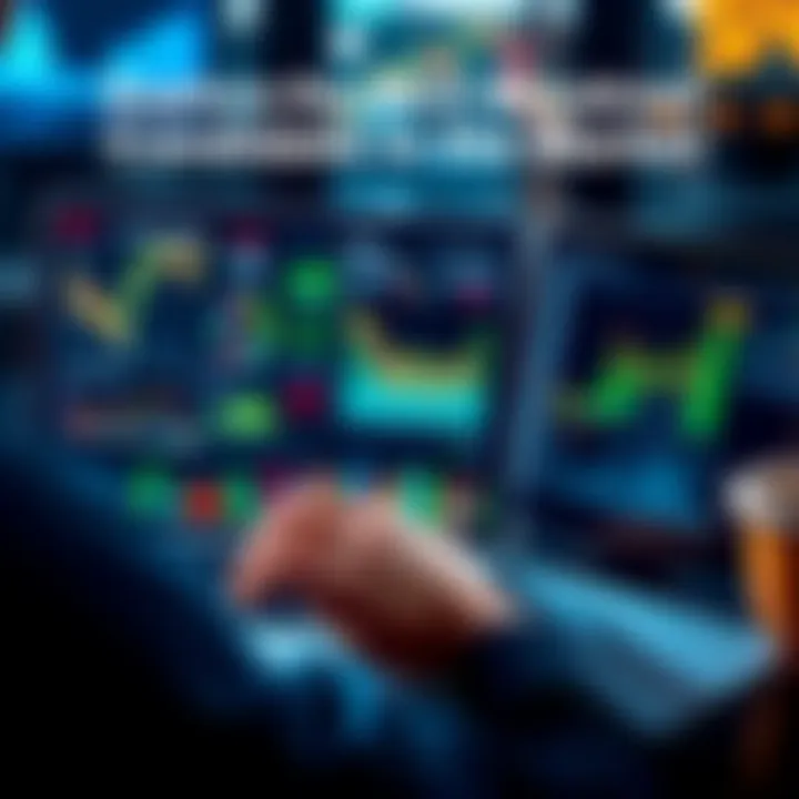 A person analyzing market trends on a laptop with charts and graphs on the screen.