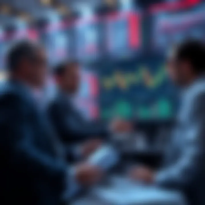 Market analysts discussing price expectations with charts and graphs in the background