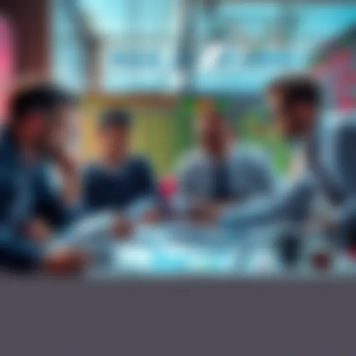 A group of market analysts discussing strategies during a bear market, papers and charts spread out on a table