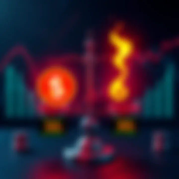 Market Balance Illustration Visual representation of a balanced market with symbols for long and short positions, alongside oil price indicators, suggesting stability and potential shifts.