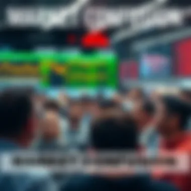 A crowd of people looking at a stock market display with puzzled expressions.