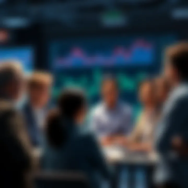 A diverse group of people engaged in a discussion about market confidence, with charts and graphs in the background.