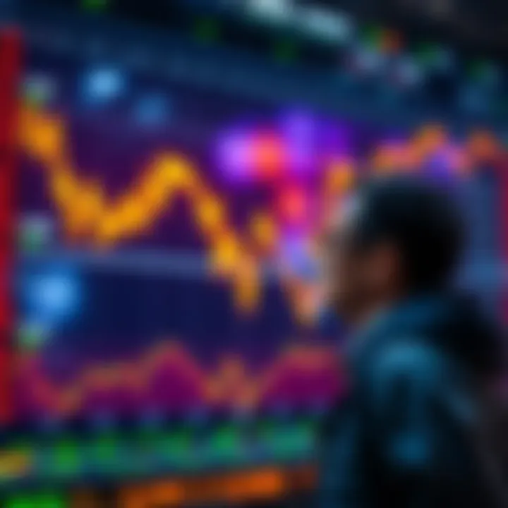 A downward trend in stock market graphs indicating a potential crash, with a person contemplating buying stocks.