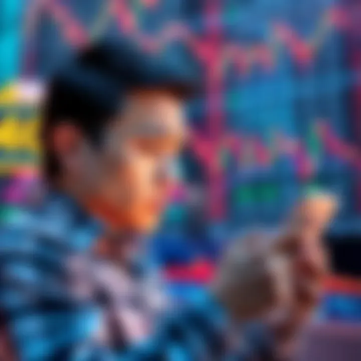 Market Deceivers Alert A person looking worried while checking stock prices on a mobile phone, surrounded by falling financial charts.