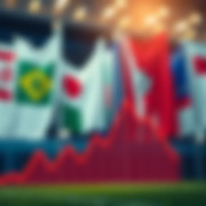 A graph showing a downward trend in SportFi markets with flags representing various international competitions in the background.