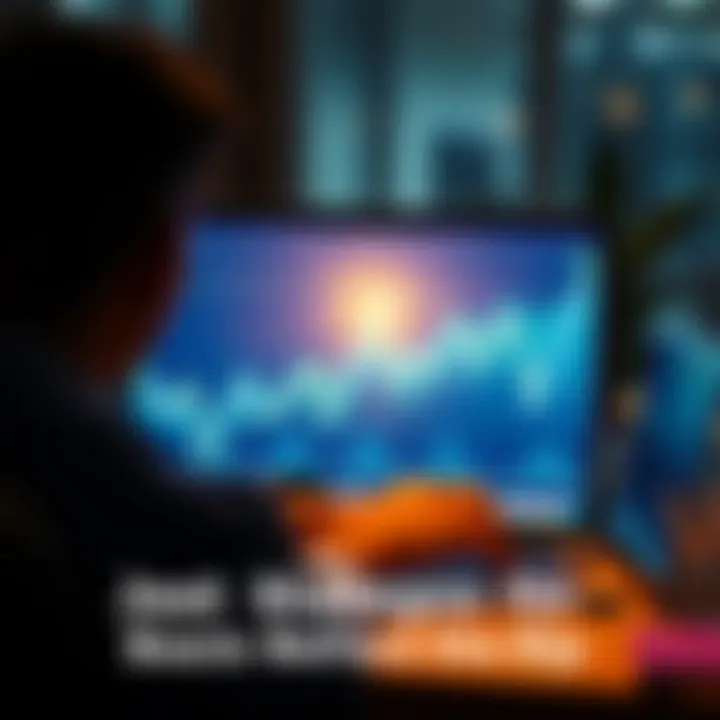 A graph showing a market dip followed by a rise, with a person analyzing the trend on a laptop.