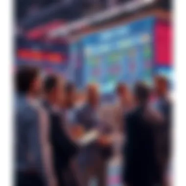 People engaging in a lively discussion about market events and trading strategies.