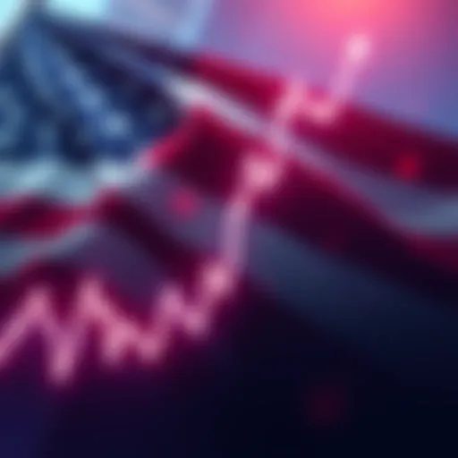 A graph showing a downward trend in stock prices with an American flag in the background.
