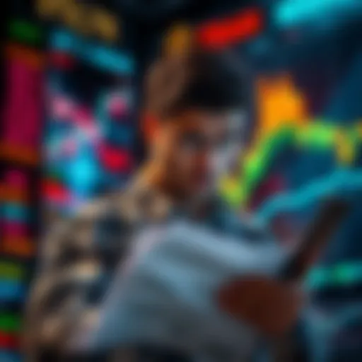 Charts showing a downward trend in stock prices with a worried investor looking at financial news.