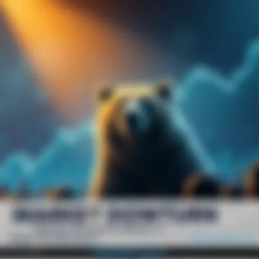 A bear representing a bear market in the crypto economy, with a downward trend graph in the background and a worried crowd watching.