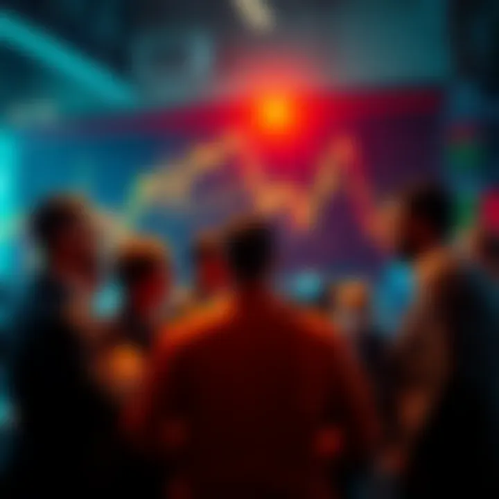 Group of people discussing economic concerns with charts and graphs showing market decline in the background