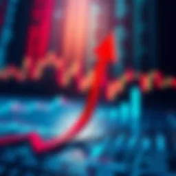 A graph showing a decline in market trends with a downward arrow and stock charts