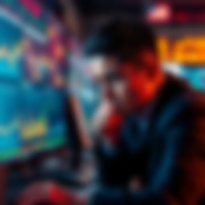A trader looking worriedly at stock charts on a computer screen during a market decline, showing signs of stress and contemplation.