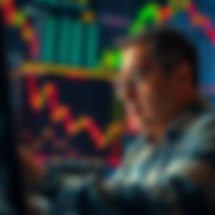 A concerned investor looking at stock charts displaying a downward trend, symbolizing a market downturn.