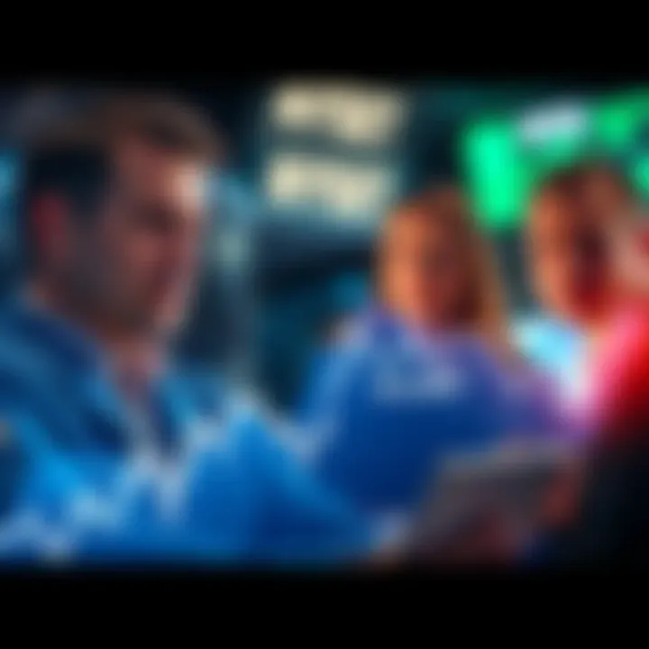 A graph showing a downward trend with a line dropping to 62,807, illustrating market dip concerns. Traders look anxious while discussing strategies.