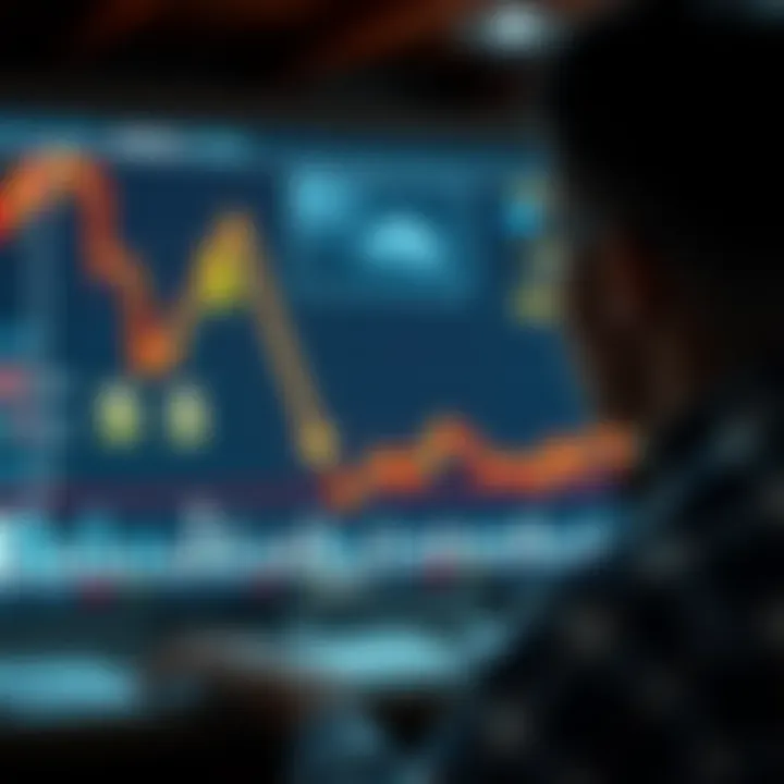 A graphic showing a downward trend line with dollar symbols and a worried person looking at a stock chart on a screen.