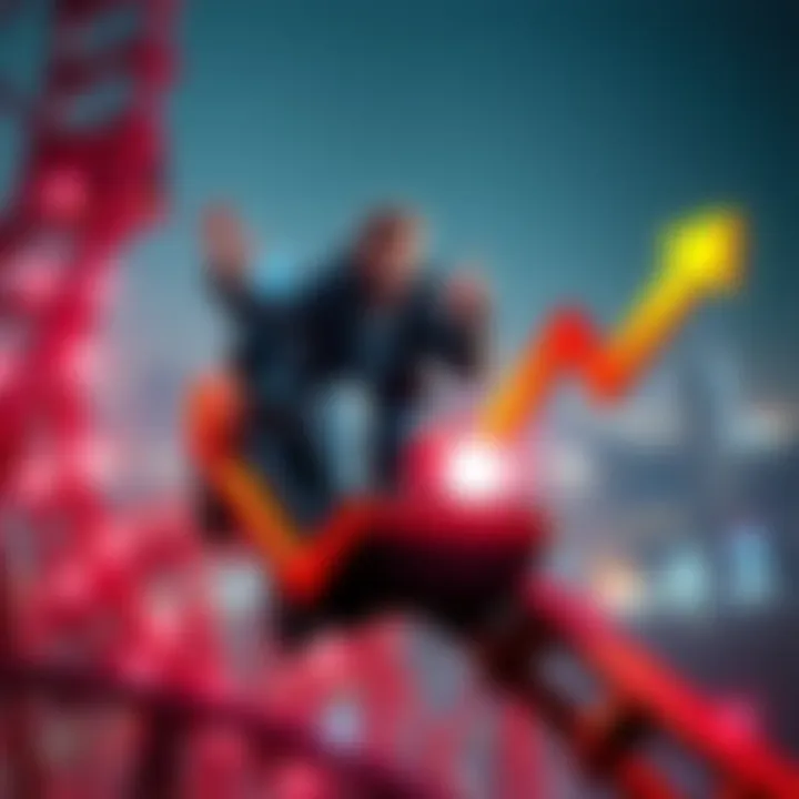 A graphic showing a person riding a rollercoaster representing market fluctuations, with upward and downward arrows for stock trends.