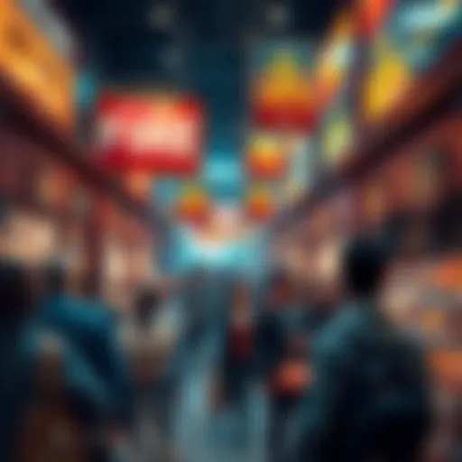 A busy financial marketplace with people rushing and looking at price tags dropping. Signs of discounts are visible, highlighting urgency in buying.