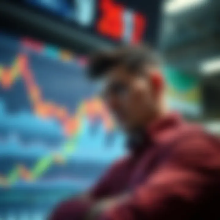 A stressed person looking at fluctuating stock graphs on a screen