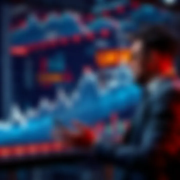 A graph showing market dips and rises with an investor analyzing the trend