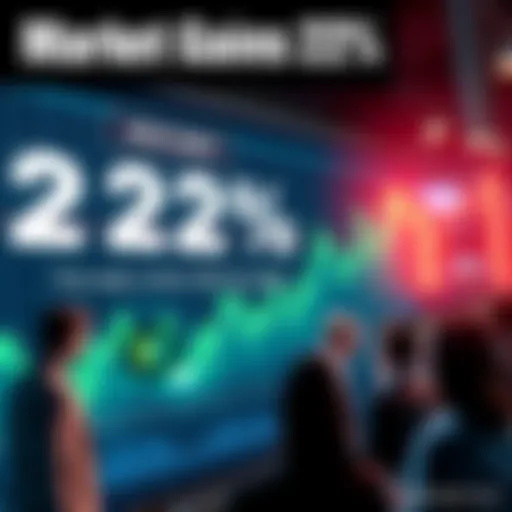 A stock market graph showing a 22% increase, with a mix of positive and skeptical reactions from people.