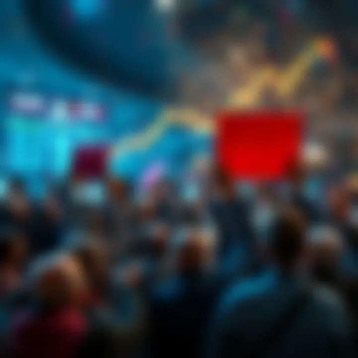 People celebrating market gains with positive signs and charts showing upward trends.