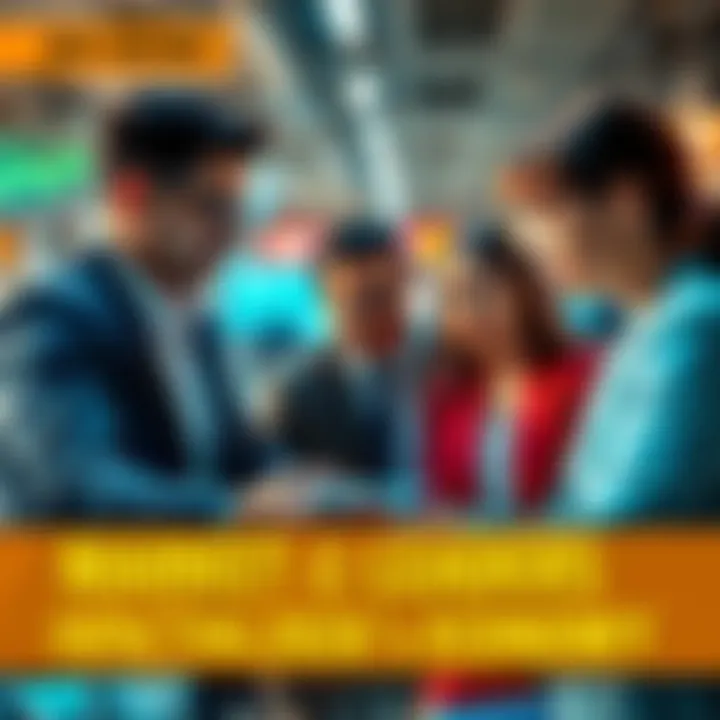 Market Leaders in Action Business professionals discussing strategies in a modern office setting, analyzing market trends and financial data.