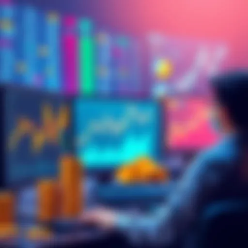 A graphic showing a market maker boosting token visibility with coins and charts. A person monitors trades on a computer, showcasing profit growth.