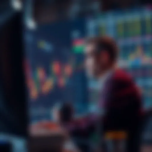 A worried investor staring at falling stock charts on a computer screen, contemplating selling assets