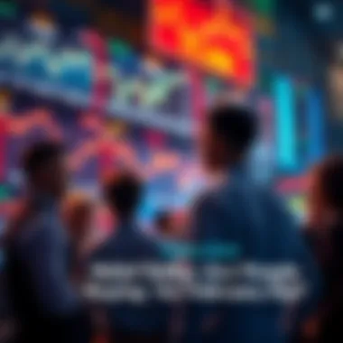 People discussing investment strategies in front of a stock market display showing trends and fluctuations