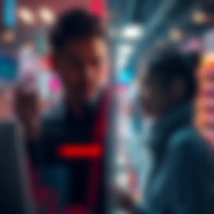 A split image showing a person analyzing market trends on one side and another person making a purchase decision on the other side, highlighting different views in market behavior.