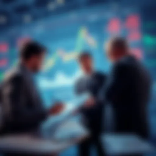 A group of investors analyzing charts and graphs to discuss market trends and predictions for tomorrow