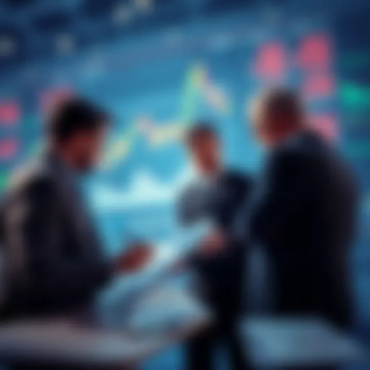 A group of investors analyzing charts and graphs to discuss market trends and predictions for tomorrow