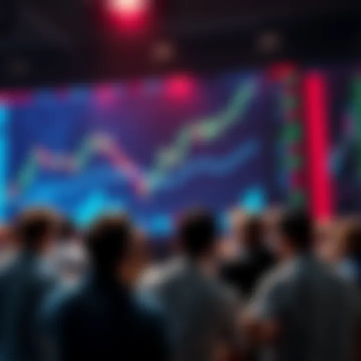 A group of people debating market predictions, with charts and graphs in the background showing trends towards zero and all-time highs.