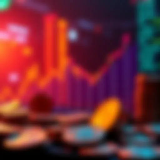 A graph showing an upward trend in market prices with coins and dollar signs around it.