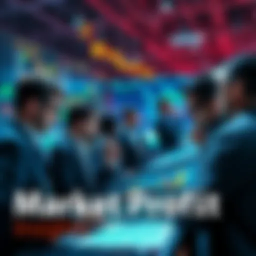 People examining market trends, highlighting early investors and short sellers, with charts showing profits and losses.