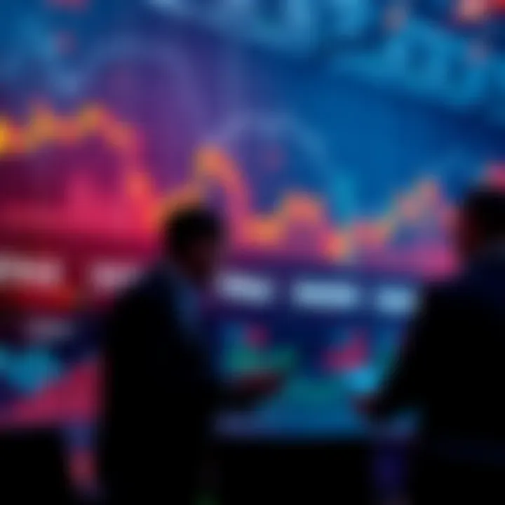 Market Profit-Taking A stock market chart with rising and falling trends, showing investors discussing and analyzing data, highlighting profit-taking decisions.