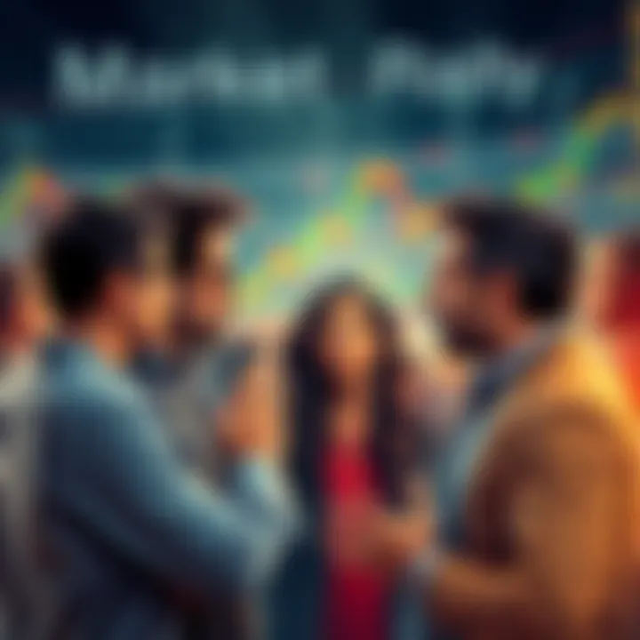 People discussing the stock market rally with mixed emotions and charts in the background.