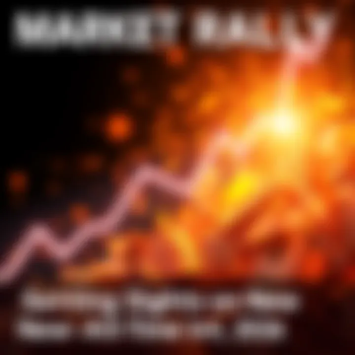 A graphic showing an upward trend line representing a market rally towards new highs with symbols of money and excitement in the background.