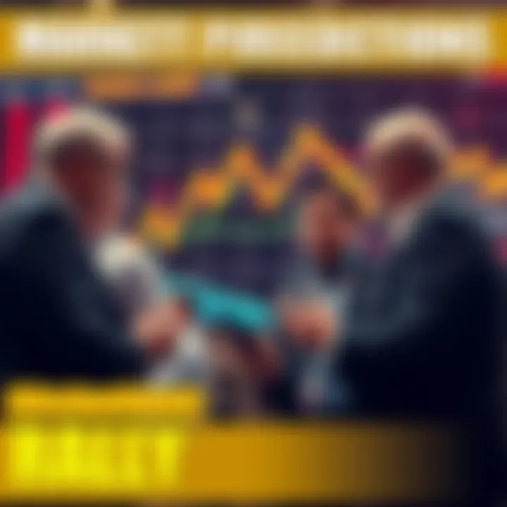 A group of analysts discussing market trends with a graph showing fluctuating stock prices in the background.