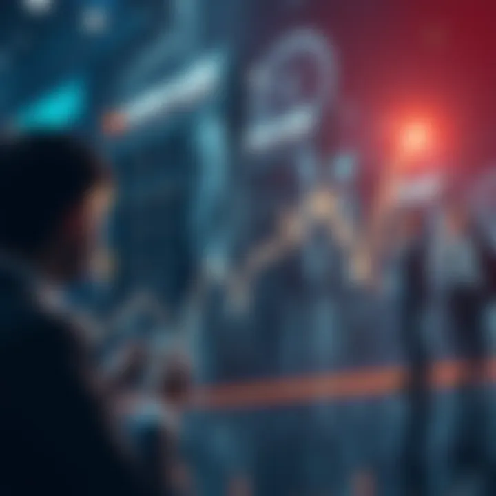 A graph showing a market rebound with a line rising after reaching a low point, alongside people discussing investments.