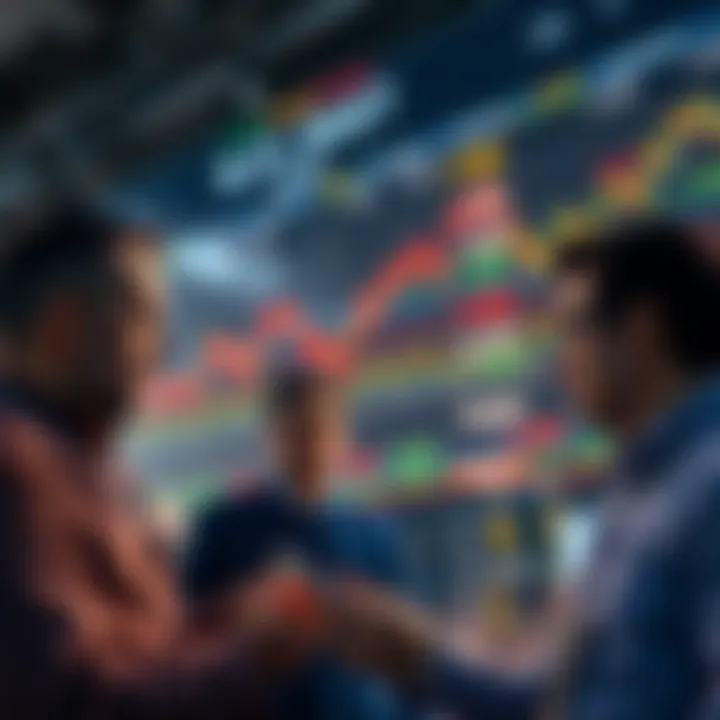 A group of investors discussing strategies as they look at declining stock charts, ready to invest in low prices for future gains.