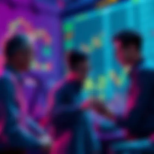 Traders discussing potential price targets, with charts and altcoins in the background.