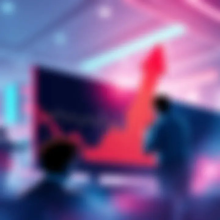 A stock market chart showing a slight dip but overall stability, with arrows indicating recovery and investors analyzing data.