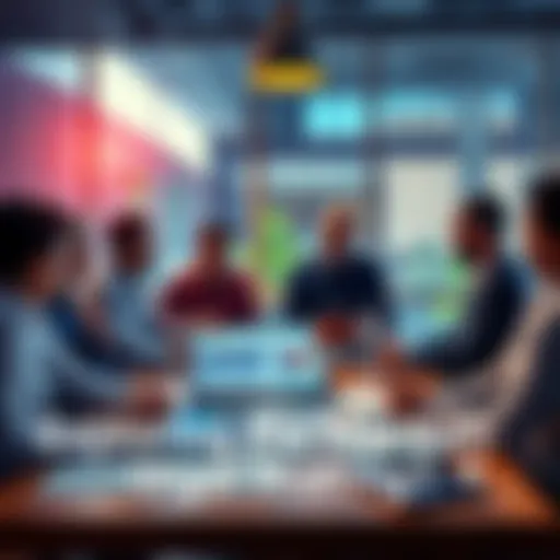 A group of people discussing market selling strategies around a table with charts and graphs on display.