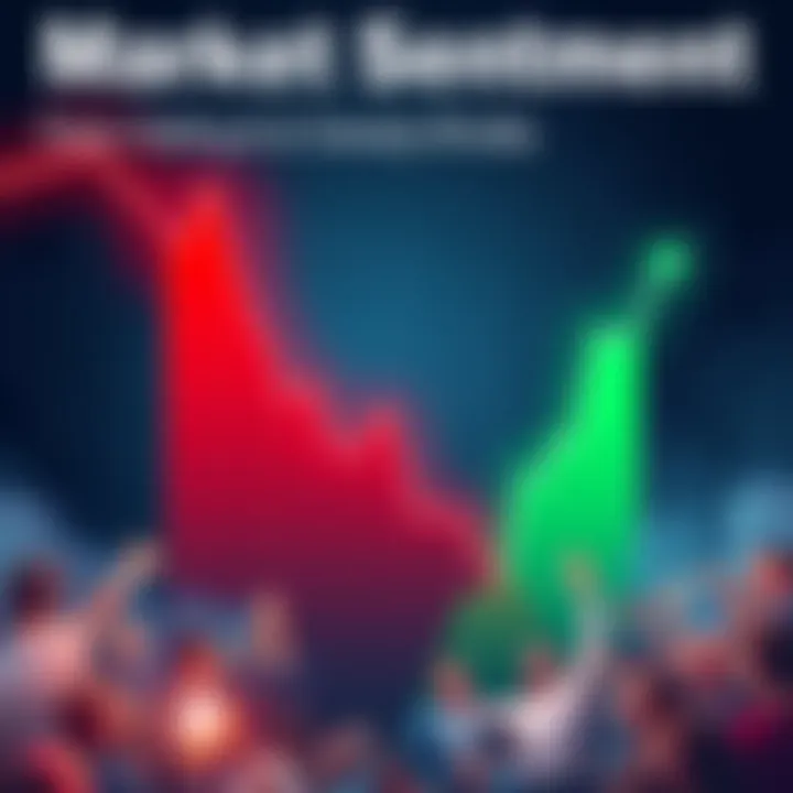 A graph showing market fluctuations with a red downward trend during panic selling and a green upward trend during greedy buying. People appear worried during the dip and excited during the rally.