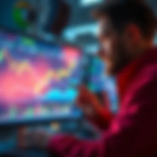 A trader analyzing market graphs with Bitcoin trends on a screen, symbolizing the inverse barber concept in trading decisions.